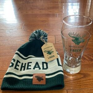 Mooshead Lager beer set winter hat and beer glass.